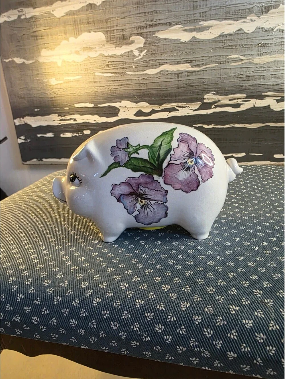 Signed Hand-Painted Ceramic Piggy Bank Purple Pansy Flowers Studio Pottery
